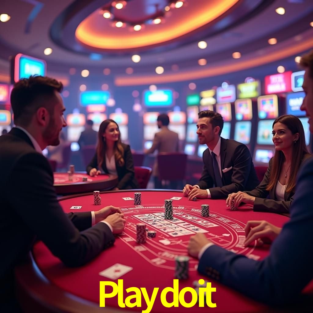 Escena dinámica inspirada en casino con iluminación Playdoit, cartas, fichas e íconos de juegos digitales en un espacio moderno de juegos.