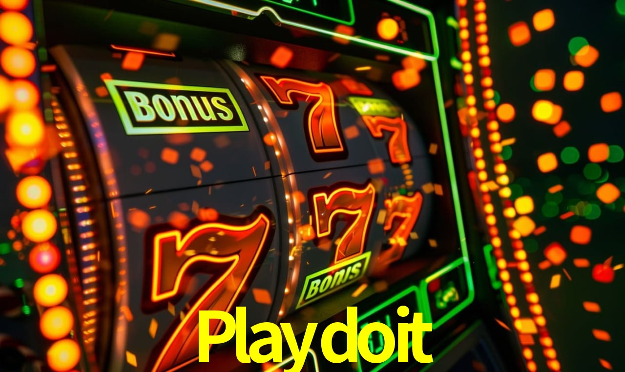 Una escena digital vívida inspirada en casino con Playdoit mostrado prominentemente, luces brillantes, fichas, cartas y acentos dorados.