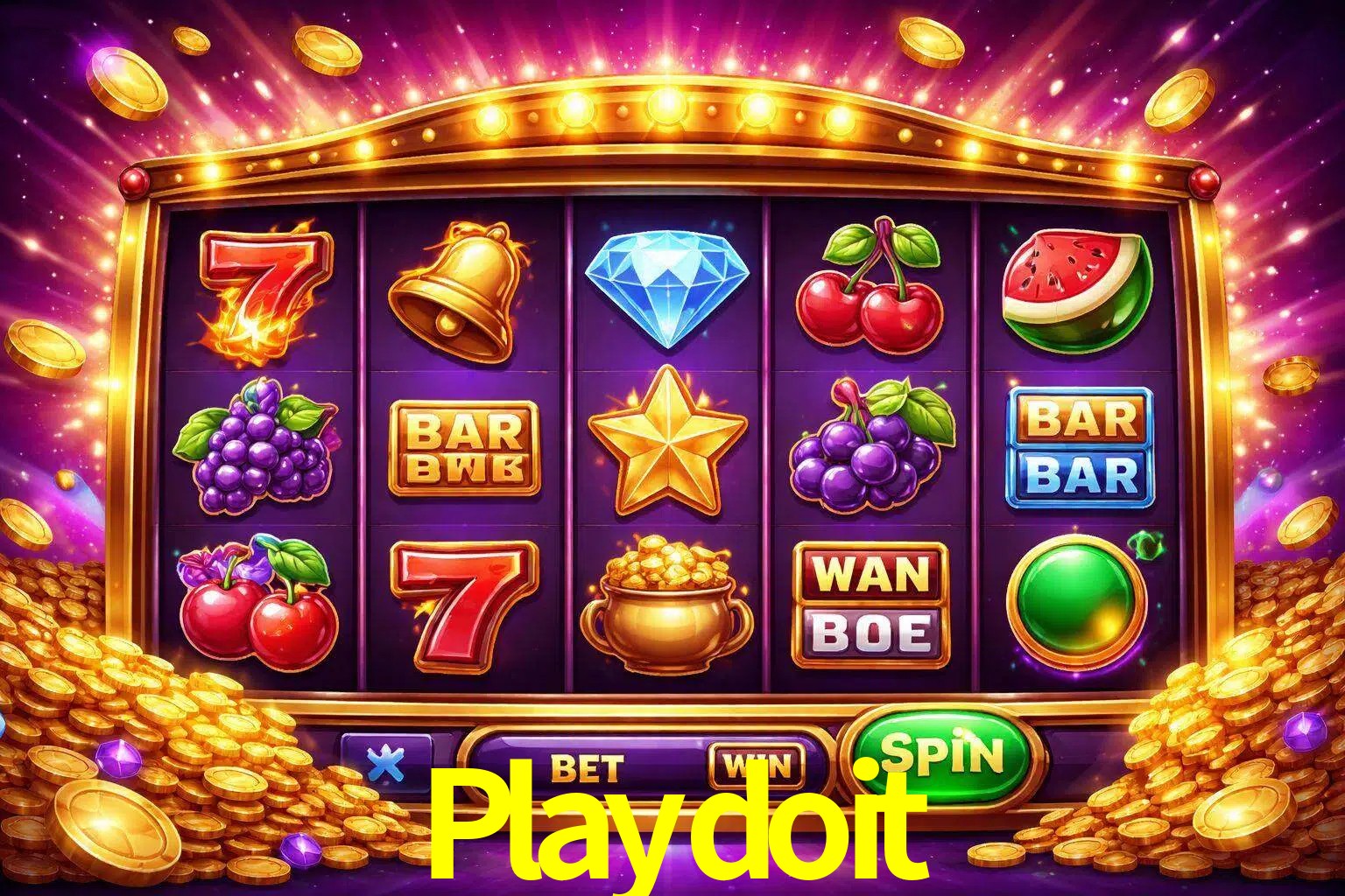 Una interfaz colorida de tragamonedas en línea con símbolos brillantes, monedas y un efecto de victoria celebratoria en Playdoit.