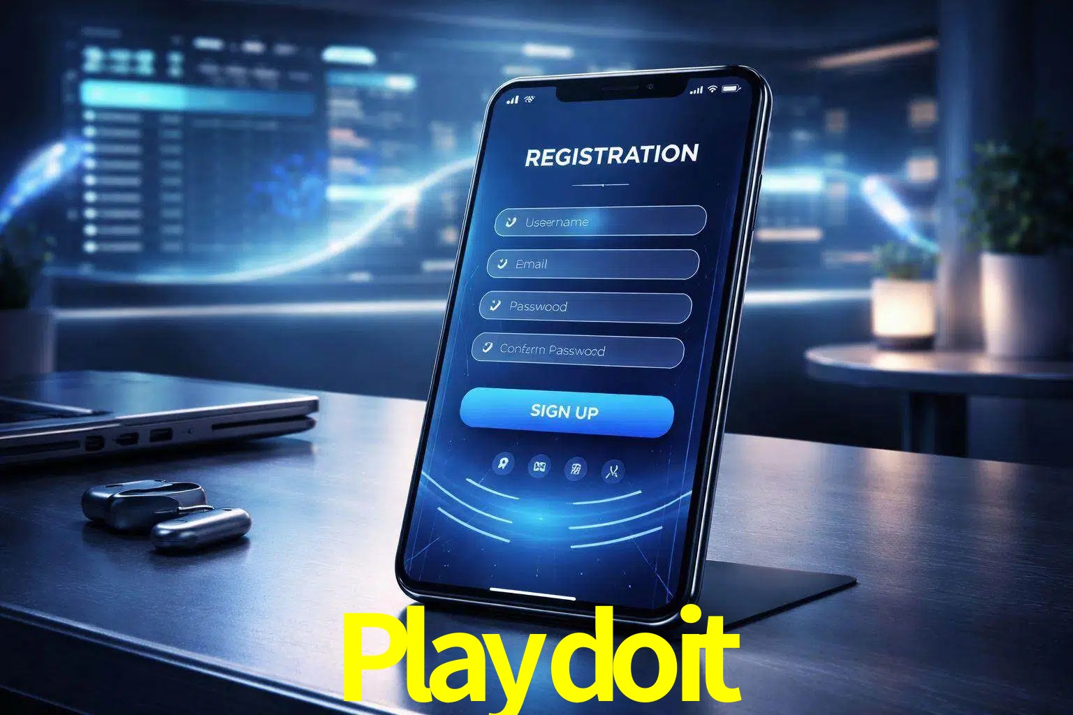 Una interfaz moderna de registro móvil para Playdoit mostrada en un smartphone con un panel de apuestas elegante.